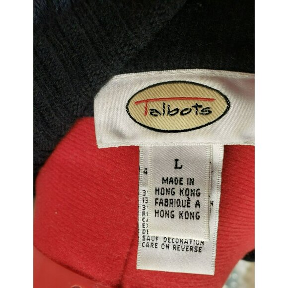 Talbots Floral Embroidered Cardigan Sweater, size L, Black w Red flowers, button - Picture 8 of 10